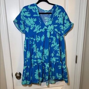 Floral Blue and Green Women's Flowy Sundress, Medium